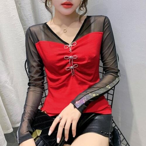 #8658 Black Red Spliced Gauze Long Sleeves T Shirt Women Bow V Neck Sexy Skinny Mesh T Shirt Femme Diamonds Korean Fashion M-3XL