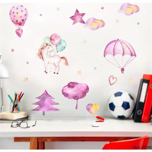 Ink Watercolor Pink Unicorn Car Creative Wall Sticker For Kids Room Home Decor Nursery Wall Decal Children Poster DIY GIRL GIFT
