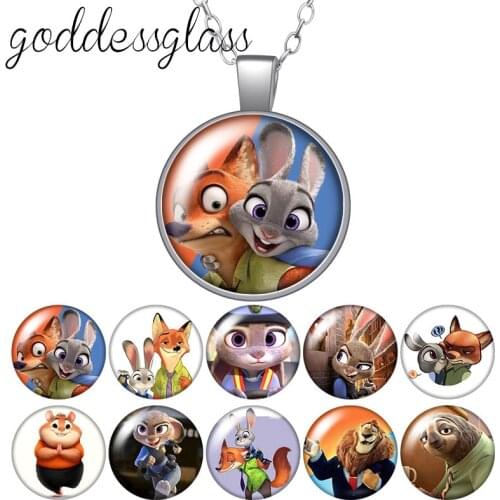 Disney Zootopia Nick Fox Jude Zootropolis Round Glass glass cabochon silver plated/Crystal pendant necklace jewelry for Gift
