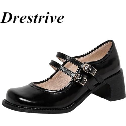 Drestrive Women Pumps Cow Leather Round Toe Mary Janes Buckle Thick Mid Heel 2021 New Arrival Summer Shoes Woman Black