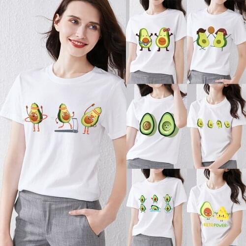 New Womens T-Shirt Cartoon Avocado Print Series White T-Shirts Fashion Top Cute O-Neck Ladies Soft and Versatile Short Sleeves