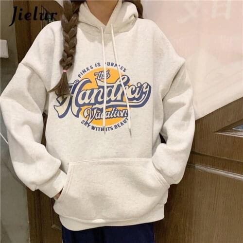 Jielur Winter Fleece Printed Women Hoodies Pocket Hooded Sweatshirt Female 2021 Chic Loose Cool White Gray Black Pullover M-XL