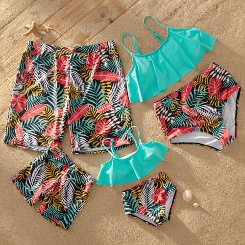 PatPat 2021 New Summer Flounce Colorful Plant Print Matching Family Swimsuits