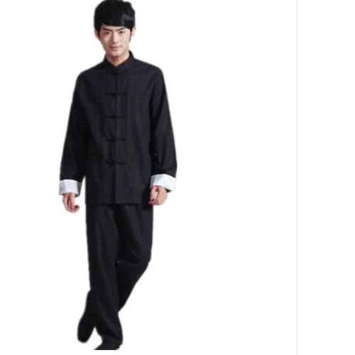 Chinese Style Mandarin Collar kungfu Suit Black chinese traditional clothing Mens Cotton Linen Jacket with Pants
