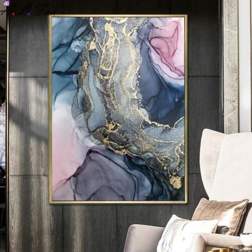 Nordic morden abstract pink-gray line art wall painting on canvas golden blue smoke art poster print wall picture for living roo