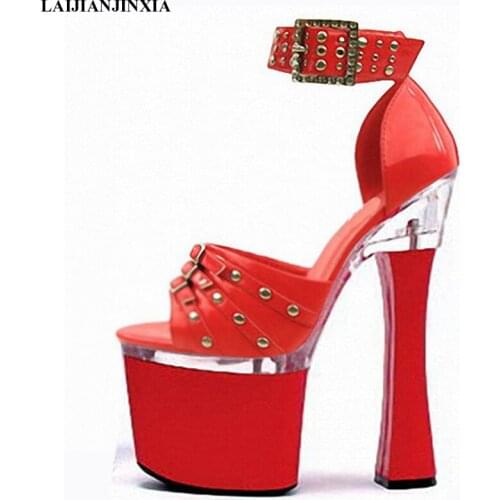 New Women sandals arrived Thick High Heel Shoes Bottom Pumps Sandals With Rivets Buckle Party Wedding Dance Shoes