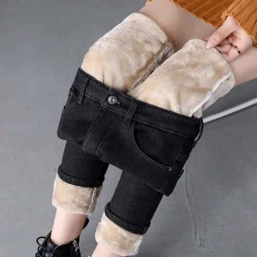 New Warm Jeans Pants For Women Plus Size Winter Blue Black Solid Skinny Fleeces Thick Pencil Pants with Velvet Denim Trousers