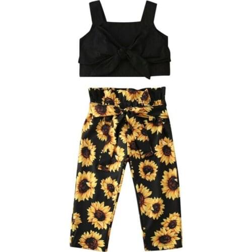 1-6Y Toddler Baby Kid Girls Clothes Set Black Bow Vest Tops Bow Sunflower Pants Children Costumes Flower Outfits Summer