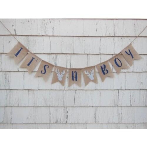 Custom Stag Deer Antlers bear fox it is a boy woodland Baby shower first birthday burlap Banners nursery room Buntings garlands