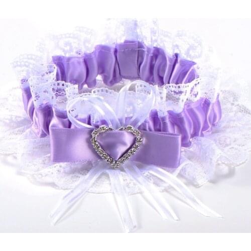 Garter purple lace wedding accessory lucky bride Bow rhinestone heart elastic tape #68
