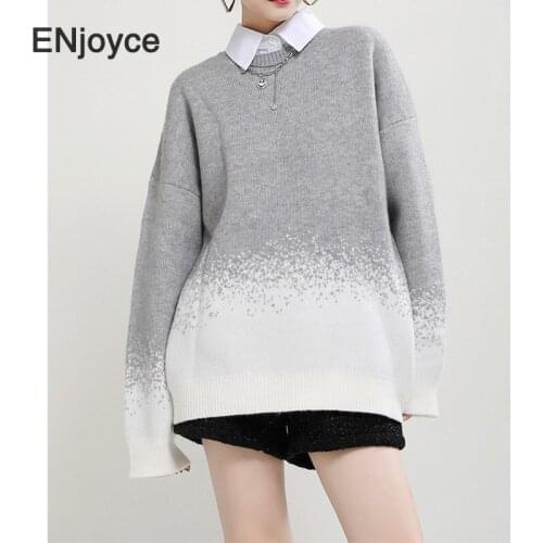 Autumn Winter Fashion Tie-dye Gray color Loose Long Sleeve Pullovers Sweater Women Korean Style Retro Knitted Clothing