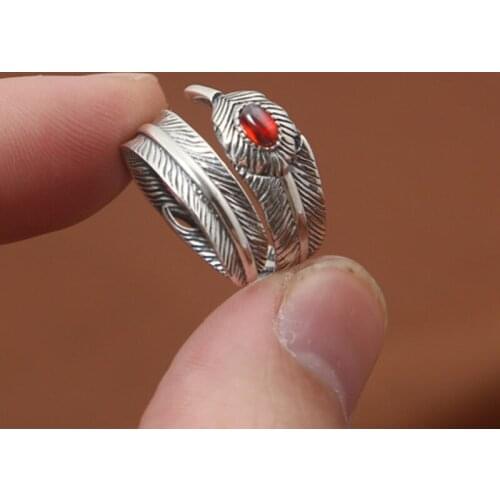 S925 Sterling Silver Jewelry Personalized Handmade Retro Thai Silver Feather Opening Ring