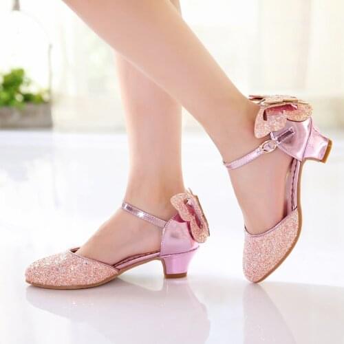 Summer New Girls Sequins Sandals Kids Fashion Buckle Butterfly Fish Mouth Sandals Children High Heels Girl Princess Dance Shoes