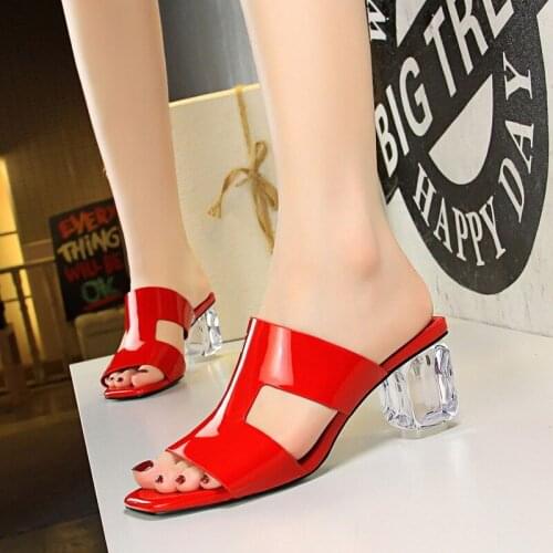 Fashion Women Sandals 2019Comfort Patent leather Square head Fish mouth 6.5CM Thick Thick heel Ladies Walking Shoes Summer Sanda