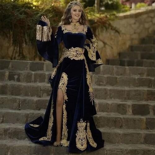 Sexy Side Slit Moroccan Kaftan Evening Dresses With Gold Appliques Velour Long Sleeves Dubai Arabic Muslim Party Prom Dresses
