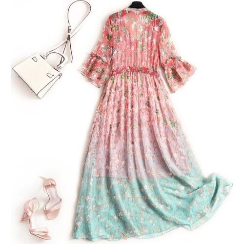 Silk Runway Fashion Women 2021 High Quality Summer Beach Flare Sleeve Floral Print Party Holiday Dress
