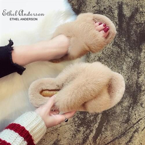 ETHEL ANERSON Womens Real Rabbit Fur Slippers Female Casual Indoor Outdoor Slides Flip Flops Vogue Design Flat Shoes
