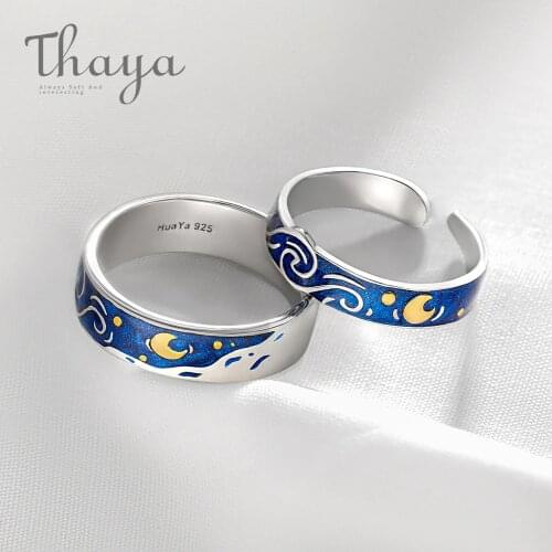 Thaya Genuine Van Goghs Enamel Rings Jewelry 925 Silver Glitter Deer Sky Gold Moon Star Canvas Finger Ring Romantic for Women