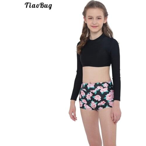TiaoBug 2021 Summer Kids Girls 2Pcs Dance Sport Suit Stand Collar Long Sleeve Pure Color Crop Top And Floral Print Boyshorts Set