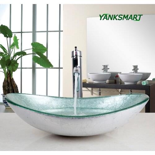 YANKSMART FA Oval Bathroom Washbasin Countertop Tempered Glass Basin Sink Faucet Set Brass Faucet Washroom Vessel Vanity