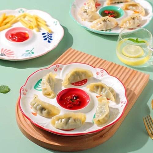 Japanese creative dumpling plate with vinegar dish, household personality ceramic partition plate, dumpling plate tray