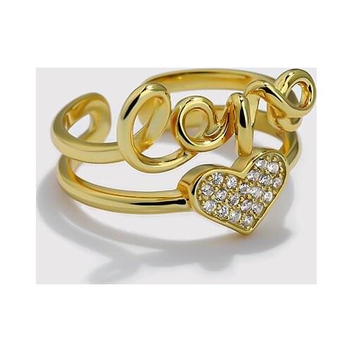 1Pc 18K Gold Authentic S925 Sterling Silver Jewelry Double Rows Script Love & Mini CZ Set Heart Shape Ring Adjust C-F21062302