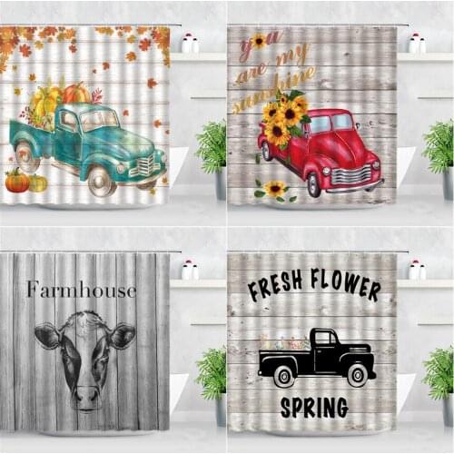 Farmhouse Sunflower Shower Curtains Farm Animal Cow Pumpkin Truck Barn Retro Wood Board Decor Waterproof Bath Curtain With Hooks