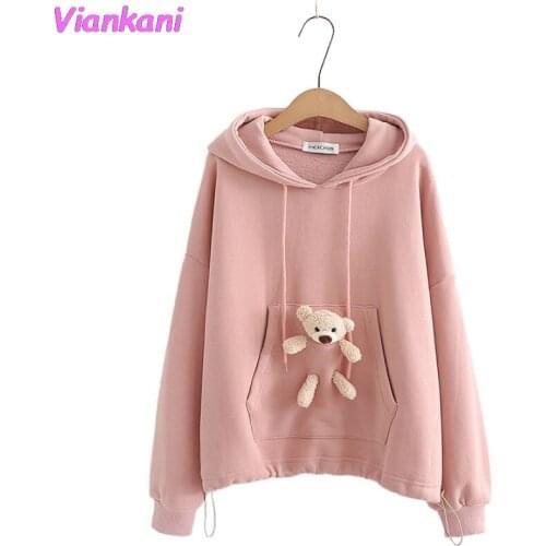Women Solid Color Hooded Sweatshirt With Doll Bear Loose Plus Velvet Warm Hoodies 2021 Autumn Winter Sweet Style Girl Pullovers