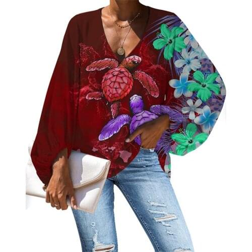 HYCOOL Fall Large Size Long Sleeve Red Top Lady Women Clothes Polynesian Turtle Print Loose Chiffon Floral Blouses Casual Shirts