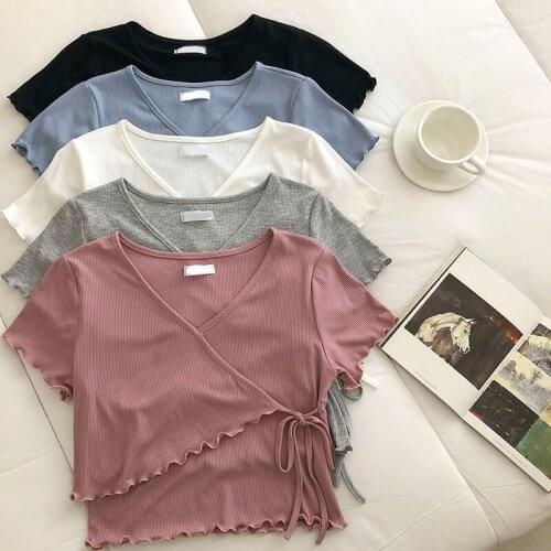 Women Vintage Drawstring V-Neck Flounce Hem Tshirts Female Chic Short Slleve Slim Plain Crop Top For Summer 2021 Basic Tees