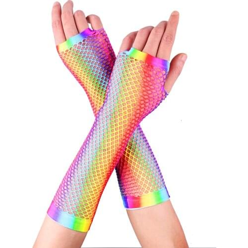 TiaoBug Women Colorful Retro Stretchy Nylon Fishnet Fingerless Sexy Gloves Female Festival Rave Dance Party Costume Accessories