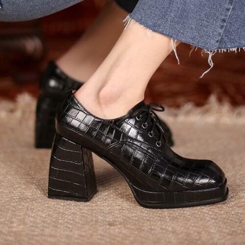 OLOMLB Womens Round Toe Crocodile Pattern Block Chunky High Heel Pumps Genuine Leather Retro Gothic Shoes New 2021