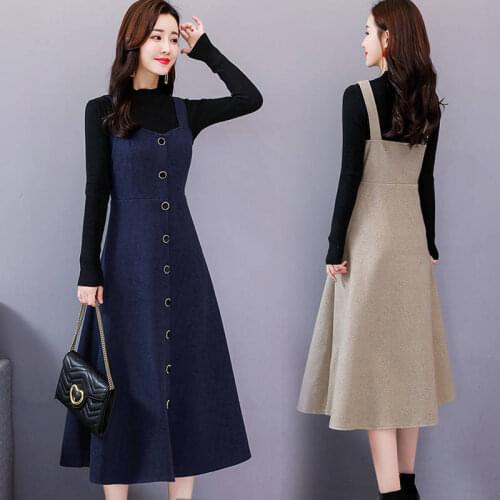 2021 Korean Sweater Dress Sets Fashion Vintage Style Turtleneck Knitted Sweater + Vest Long Dresses Female Two-Piece Suit X82