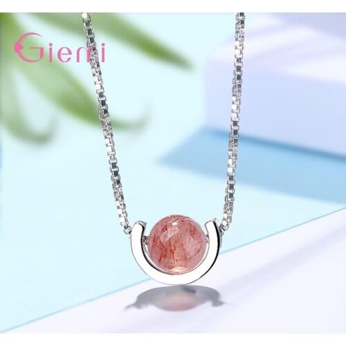 High Quality 925 Sterling Silver Strawberry Quartz Gemstone Pendant Necklaces for Women Girls Birthdday Pink/Black Color Option