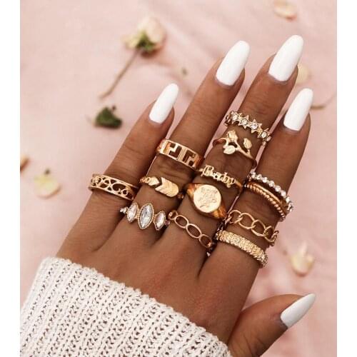 12PCS/SET Bohemian Mixed Rose Flower Geometric Crystal Star Joint Ring Set Women Fashion Cold Pool Party Jewelry Accessories