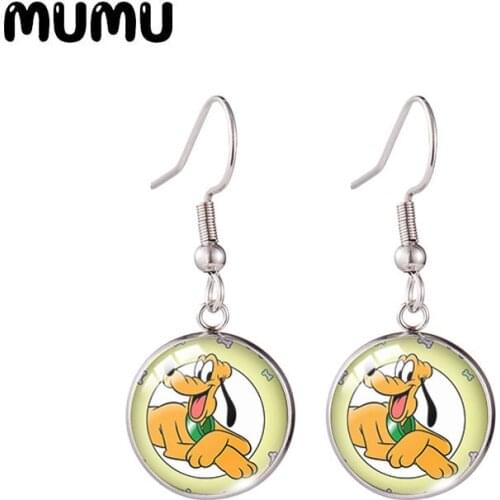 2021 New Mickey Mouse and Pluto Fish Hook Earring Lovely Round Jewelry Glass Dome Earrings Gifts Girl