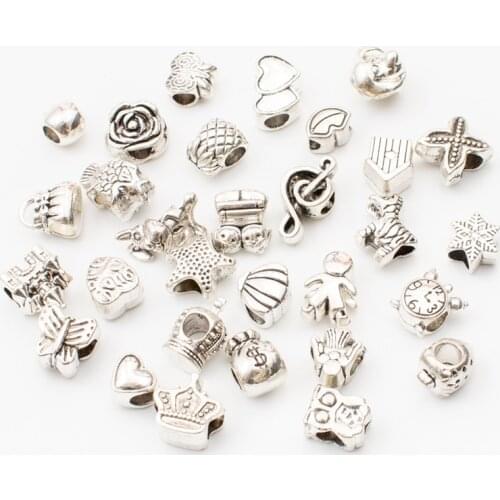 30 PCS/Lot Mixed Silver Color Random Alloy Bead Charms For DIY Bracelet Necklace Jewelry Making