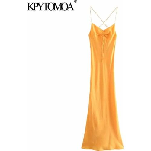 KPYTOMOA Women 2021 Fashion With Tied Gathered Soft Touch Midi Dress Vintage Backless Zipper Thin Straps Female Dresses Mujer