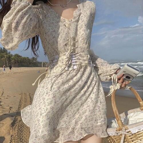 Sweet Bandage Dresses Females High Waist Long Sleeve Chiffon Mini Dresses Women Korean Style Fashion Dresses 2021 Summer V-neck