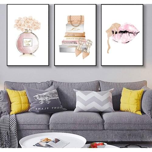 Fashion Poster Perfume Bottle Canvas Art Prints Flower Book Wall Painting Watercolor Lips Pictures Modern Vogue Girl Room Decor