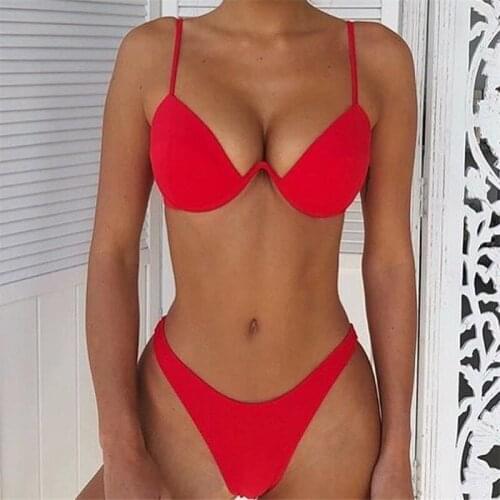 2019 New Women Push-up Padded Bra Bandage Bikini Solid Underwire Swimsuit Triangle Swimwear Bathing