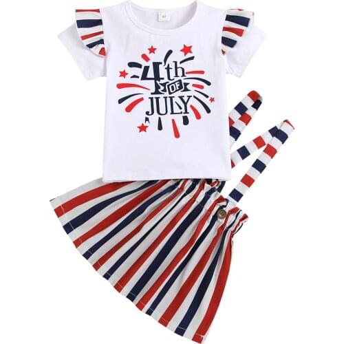 OPPERIAYA 2PC Infant Independence Day Outfit Baby Girl Letter Print Fly Sleeve Round Neck T-shirt Striped Button Suspender Skirt