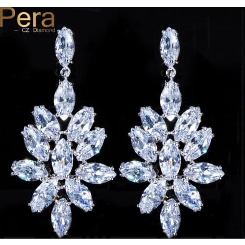 Pera Fashion Bridal Accessories Full Sparkling Cubic Zirconia Long Big Flower Drop Shape Earrings For Women Wedding Jewelry E004