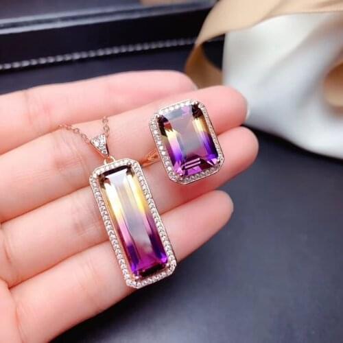 Genuine Natural Ametrine Quartz Purple Yellow Faceted Gemstone Women Pendant 24x8mm Ring 14x10mm Rare Gift AAAAA