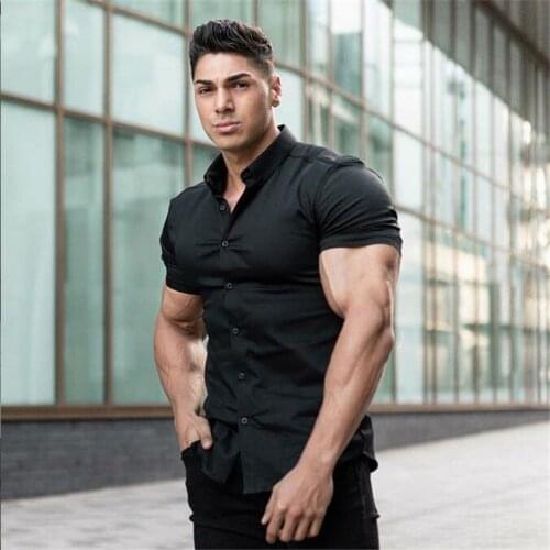 Mens Fashion Short Sleeve Shirt Casual Super Slim Fit Male Solid Social Business Dress Shirt Men Gym Fitness Sports Clothing