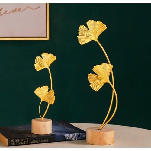 Nordic Golden Ginkgo Leaf Ornaments Wrought Iron Exquisite Home Decor Creative Metal Crafts Wooden Base Imitation Plant Ornament