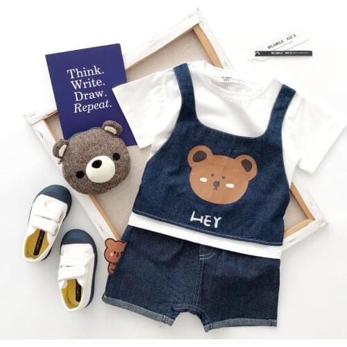 Tonytaobaby Summer New Cotton Bear Mock Two-Piece Short-Sleeved Suit Boy Clothes