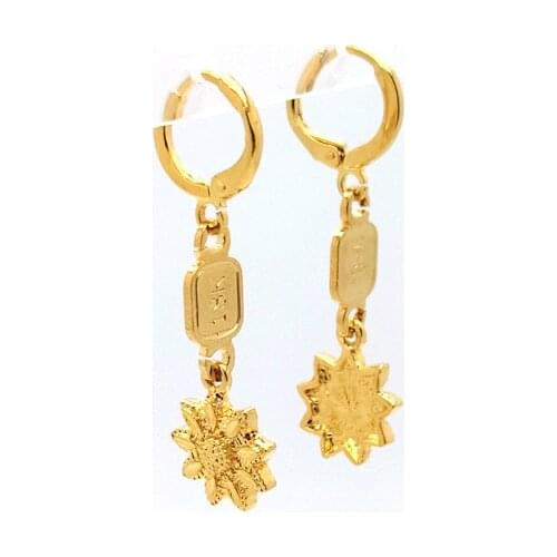 18 K Yellow Real Gold Solid Filled Earrings Hawaiian Flower Drop / Dangle Leverback Stamp Connect