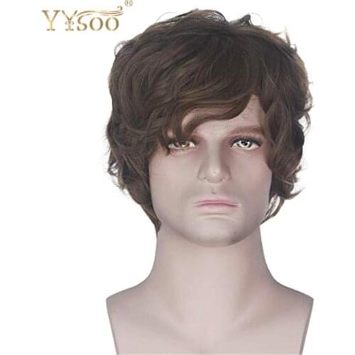 YYsoo Short Brown Cosplay Wigs Male Mens Short Curly Fluffy Brown Wig Bangs Halloween Cosplay Costume Synthetic Wigs For Men