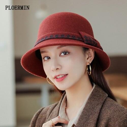 2021 Winter Felt Hat Women Elegant Bow Wool Bucket Hat Pillbox Hats Ladies Vintage Fashion Wedding Derby Fedora Chapeau Femme